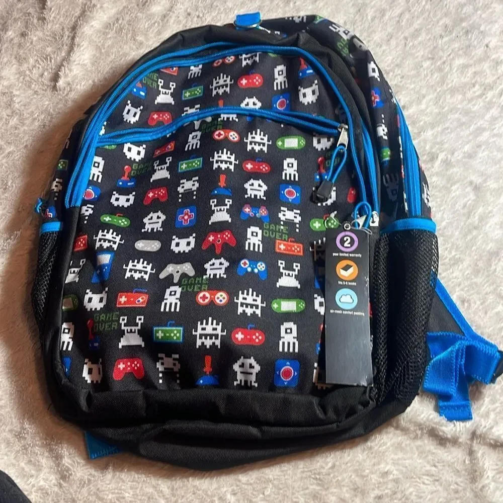 Black Backpack with Retro Gaming Icons NWT